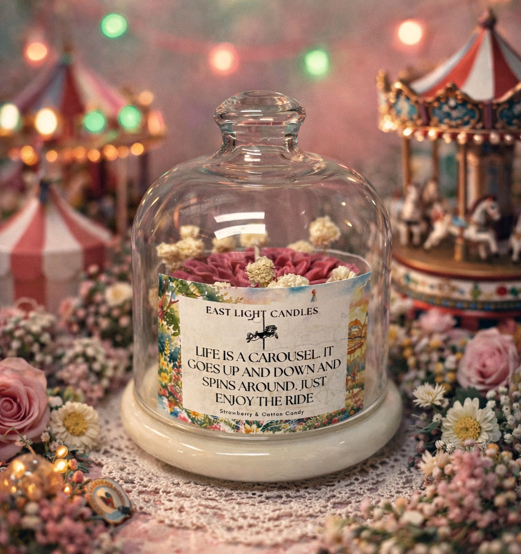 Karussell Duftkerze mit Blumen | Handgemachte Sojawachs Kerze im Glas | Romantische Geschenkkerze mit Spruch