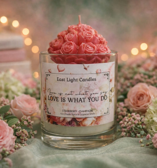 Erdbeere Champagner Duftkerze | Rosenbouquet Kerze mit Spruch