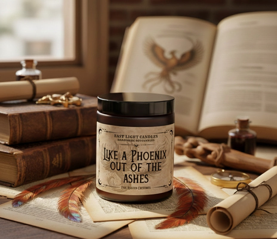 Like a Phoenix Kerze | Wizard Buchkerze | Handgemachte Duftkerze Sojawachs | Vegane Kerze personalisiert | Geschenkidee für Wizardry Fans