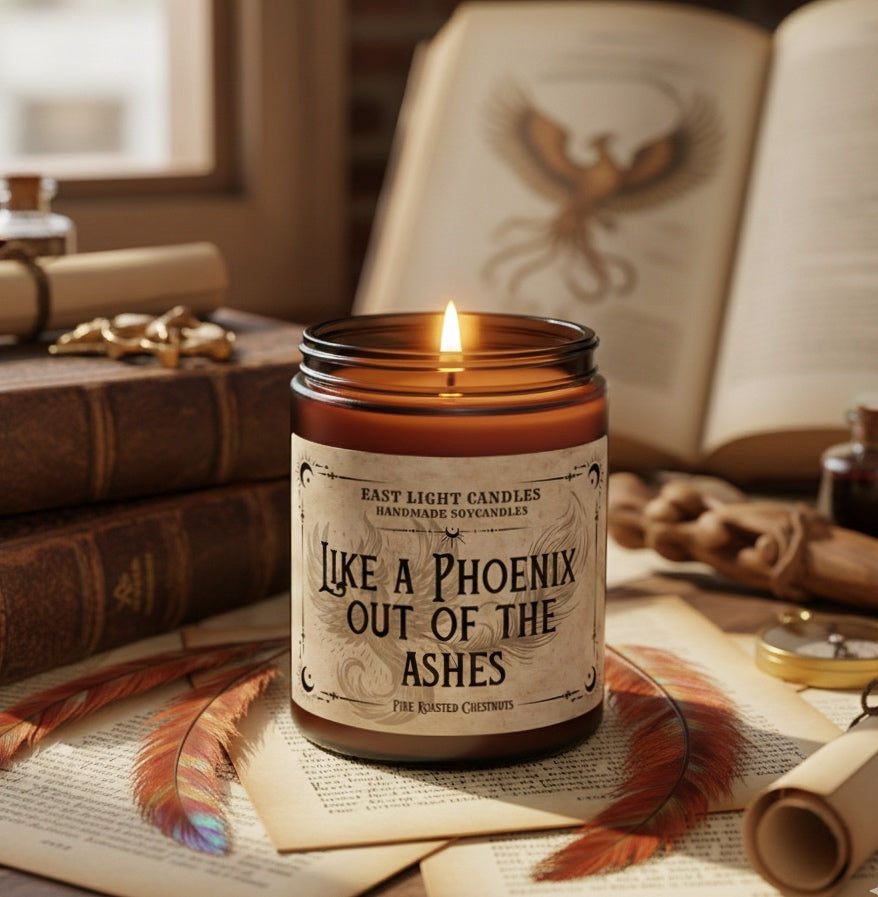 Like a Phoenix Kerze | Wizard Buchkerze | Handgemachte Duftkerze Sojawachs | Vegane Kerze personalisiert | Geschenkidee für Wizardry Fans
