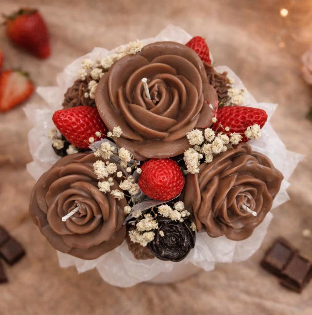 Kerzenstrauß Sojawachs – Chocolate Strawberry Dream - Ewiger Blumenstrauß mit handgemachten Duftblüten