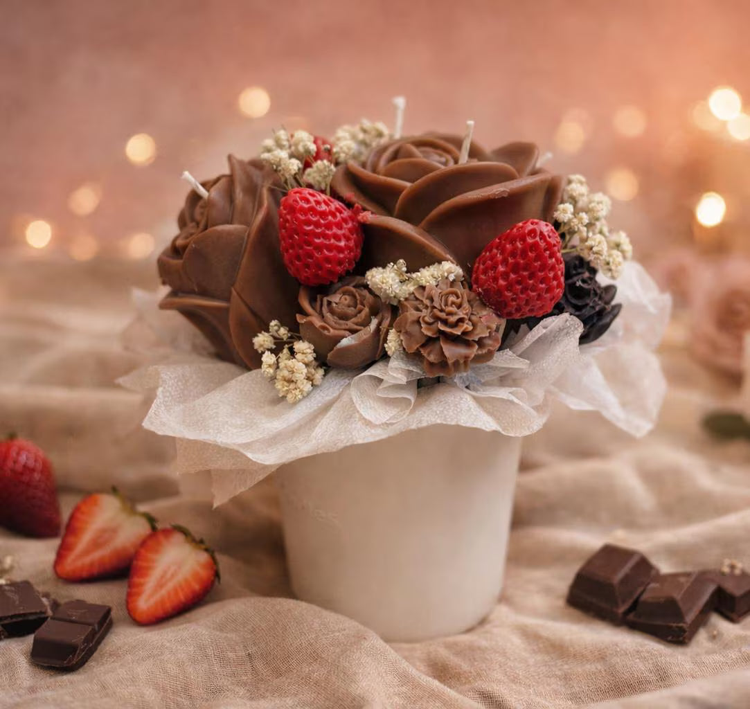 Kerzenstrauß Sojawachs – Chocolate Strawberry Dream - Ewiger Blumenstrauß mit handgemachten Duftblüten